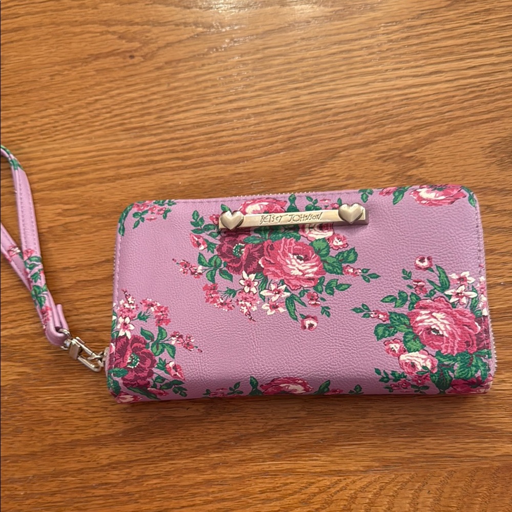Betsey Johnson Pink and Green Floral Wristlet Clutch NEVER BEEN USED